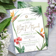 Bat Mitzvah Tropical Floral Watercolor Gold Script