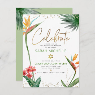 Bat Mitzvah Tropical Gold Script Floral Wasserfarb Begleitkarte