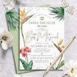 Bat Mitzvah Tropical Gold Script Floral Wasserfarb Einladung<br><div class="desc">Seien Sie stolz, freuen Sie sich und präsentieren Sie diesen Meilenstein Ihres Lieblings-Bat Mitzvah mit dieser raffinierten, personalisierten Einladung! Stilvolle, atemberaubende, farbenfrohe, tropische Wasserfarbenvögel paradiesischer Blume, Imitate goldgeschriebenes Drehbuch, Star of David und Glitzer Punkte, zusammen mit grün und grau modernen Sans Serif Typ, überlagern einen weißen Hintergrund. Zusätzliche Aquarellpalmen-Blätter und...</div>