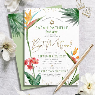 Bat Mitzvah Tropical Gold Script Floral Wasserfarb Einladung