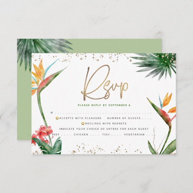 Bat Mitzvah Tropical Gold Script Palm Wasserfarbe RSVP Karte (Vorne/Hinten)