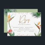 Bat Mitzvah Tropical Gold Script Palm Wasserfarbe RSVP Karte<br><div class="desc">Seien Sie stolz, freuen Sie sich und feiern Sie diesen Meilenstein Ihres Lieblings-Bat Mitzvah mit dieser raffinierten, personalisierten UAWG Insert-Karte für Ihre Veranstaltung! Stilvolle, atemberaubende, farbenfrohe, tropische Wasserfarbenvögel paradiesischer Blume, Imitate goldgeschriebenes Drehbuch, Star of David und Glitzer Punkte, zusammen mit grün und grau modernen Sans Serif Typ, überlagern einen weißen...</div>
