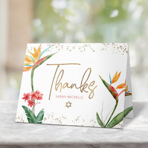 Bat Mitzvah Tropical Watercolor Floral Gold Script Dankeskarte