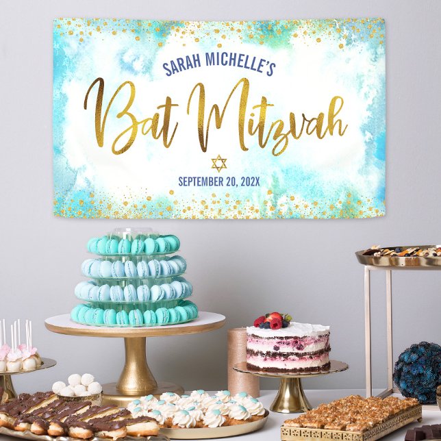 Bat Mitzvah Türkis Aquarellfarben Gold-Folie Skrip Banner (Von Creator hochgeladen)