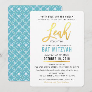 BAT MITZVAH Türkis blaues Goldskript LEAH Einladung