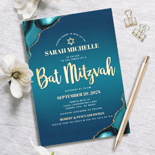 Bat Mitzvah Türkis Ombre Achat Gold Schrift Chic Einladung