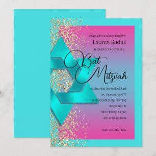 Bat Mitzvah Türkis Pink Ombre Imitate Gold Glitzer Einladung