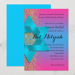Bat Mitzvah Türkis Pink Ombre Imitate Gold Glitzer Einladung