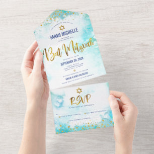 Bat Mitzvah Türkis Wasserfarbe Gold Schrift girly All In One Einladung