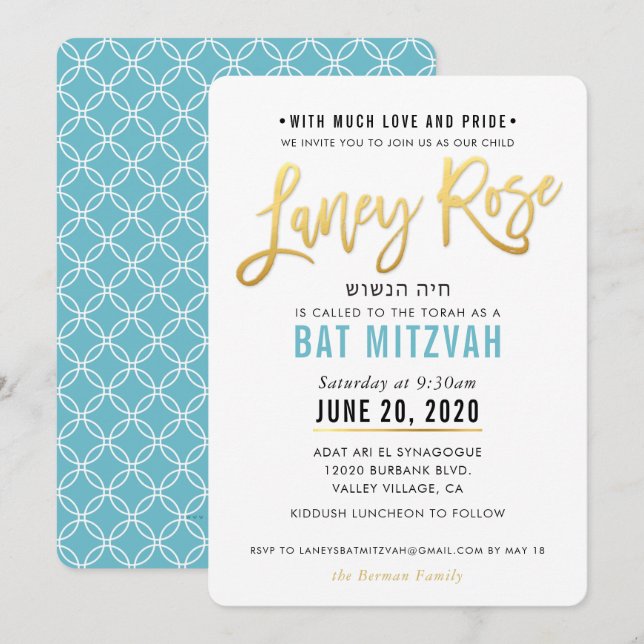 BAT MITZVAH türkisblaues Goldskript LANEY ROSE Einladung (Vorne/Hinten)