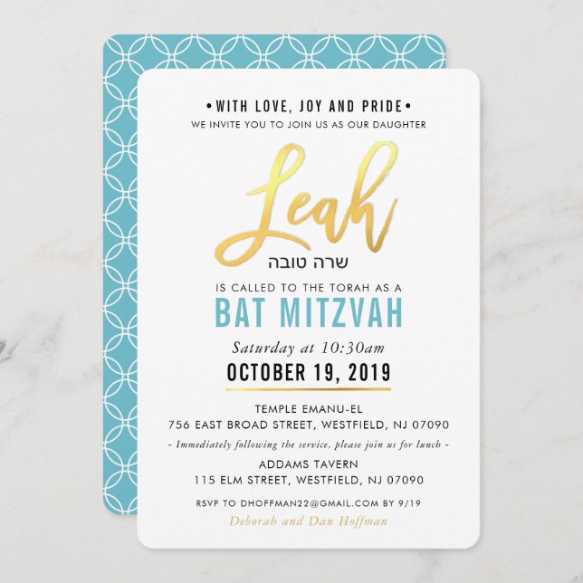 BAT MITZVAH Türkisblaues Goldskript LEAH Einladung (Vorne/Hinten)