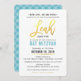 BAT MITZVAH Türkisblaues Goldskript LEAH Einladung