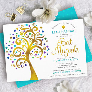 Bat Mitzvah Turquoise Gold Moderner Baum des Leben Einladung
