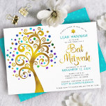 Bat Mitzvah Turquoise Gold Moderner Baum des Leben Einladung<br><div class="desc">Seien Sie stolz, freuen Sie sich und präsentieren Sie diesen Meilenstein Ihres Lieblings-Bat Mitzvah! Dieses grafische Imitat mit goldfarbenen, funkelnd türkisfarbenen, aquamarinen, lila und blauen Stern von David und dot "Blätter" auf weißem Hintergrund ist die perfekte Einladung für diesen besondere Anlass. Ein winziger, helltürkisblauer Stern von David, der über aquamarinem...</div>