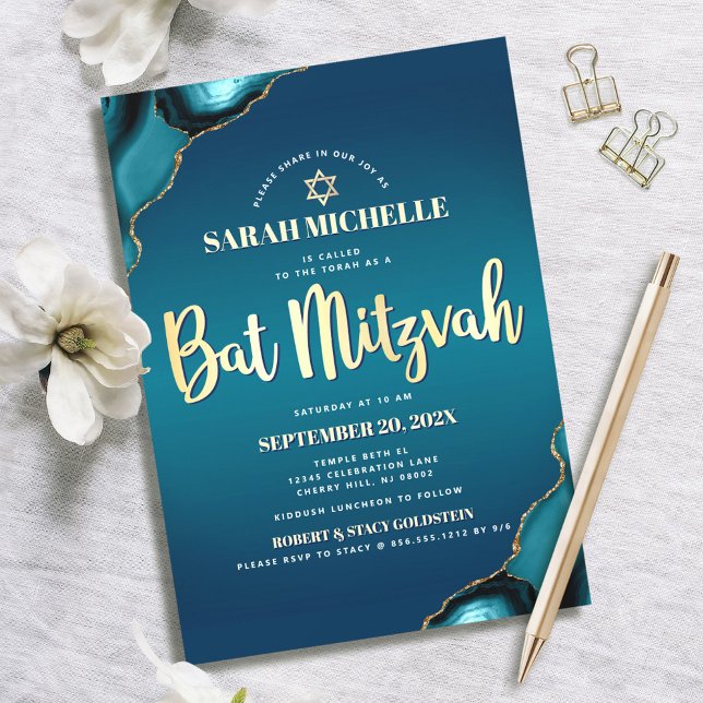 Bat Mitzvah Turquoise Ombre Agate Gold Script Chic Einladung (Von Creator hochgeladen)