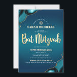 Bat Mitzvah Turquoise Ombre Agate Gold Script Chic Einladung<br><div class="desc">Seien Sie stolz, freuen Sie sich und präsentieren Sie diesen Meilenstein Ihres Lieblings-Bat Mitzvah! Versenden Sie diese coole, einzigartige, moderne, personalisierte Einladung für eine Veranstaltung, an die Sie sich erinnern können. Imitate Goldfolien-Schrift Typografie, weiße Sans Serif Typografie, und ein Imitat goldener Star von David überlagern einen tieftürkisfarbenen aquamarinen, blauen Hintergrund...</div>