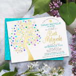 Bat Mitzvah Turquoise Tree o Life Script Real Gold Folieneinladung<br><div class="desc">Seien Sie stolz, freuen Sie sich und präsentieren Sie diesen Meilenstein Ihres Lieblings-Bat Mitzvah! Diese grafische reale Goldfolienbaum mit funkelnd türkisfarbenen, aquamarinen, lila und blauen "Star of David"- und dot "Blätter" auf weißem Hintergrund ist die perfekte Einladung für diesen besondere Anlass. Ein winziger, helltürkisblauer Star of David-Muster, der türkisfarbenes aquamarines...</div>