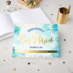 Bat Mitzvah Turquoise Watercolor Script Gold Fossi Gästebuch