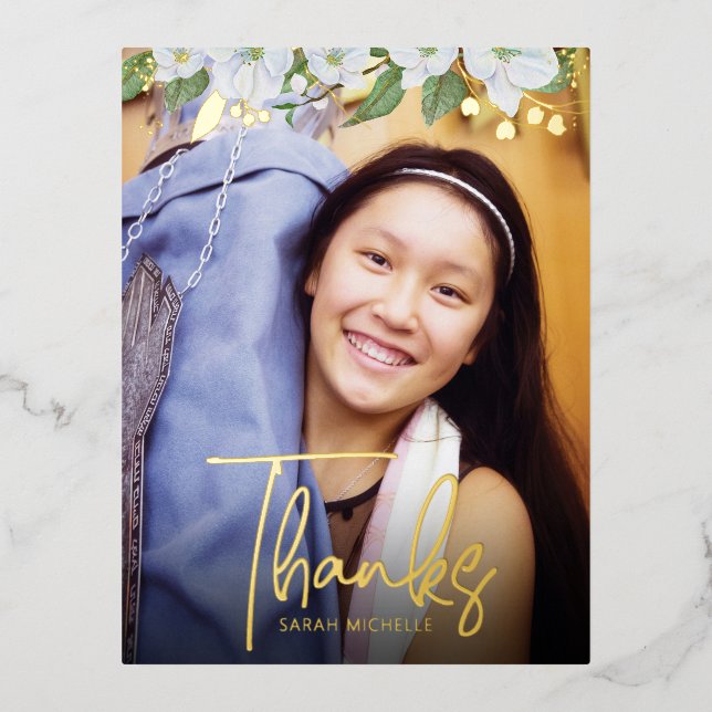 Bat Mitzvah Vielen Dank Foto Floral Bold Real Gold Folie Einladungspostkarte (Vorderseite)