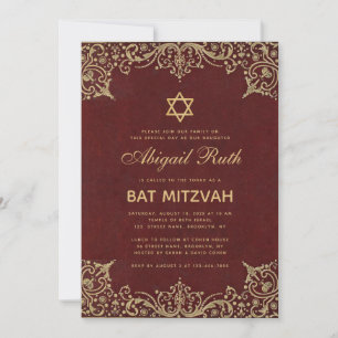 Bat Mitzvah Vintag Elegant Burgundy Red Gold Star Einladung