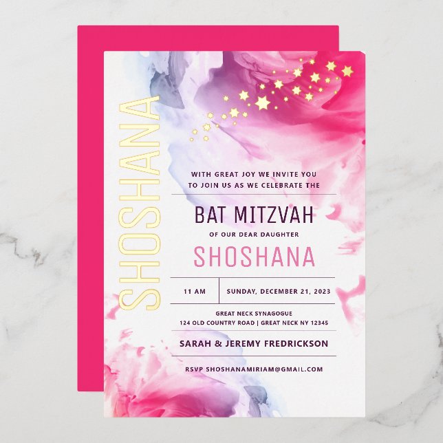 Bat Mitzvah Wasserfarbe Einladung mit echtem GOLD (Vorderseite/Rückseite)
