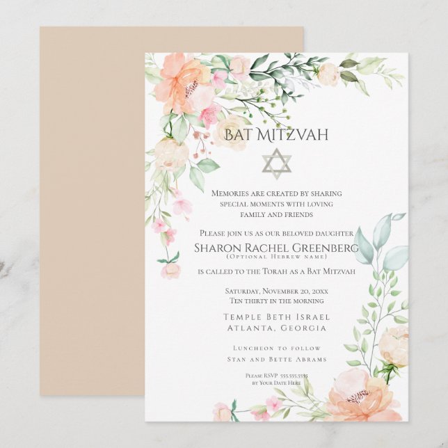BAT MITZVAH | Wasserfarbene Frühlingsblüten Vers.  Einladung (Vorne/Hinten)