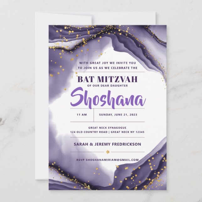 Bat Mitzvah Watercolor Agate Glitzer Lila Einladung (Vorderseite)
