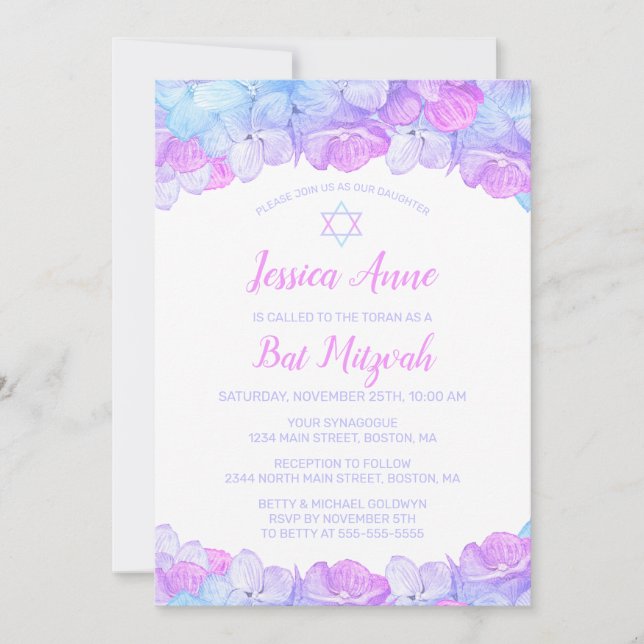 Bat Mitzvah Watercolor Floral Pink Blau Hydrangea Einladung (Vorderseite)
