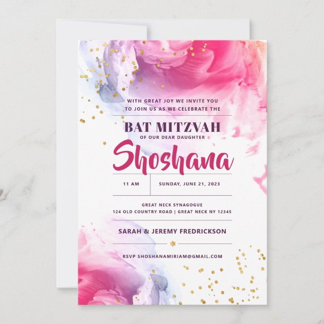 Bat Mitzvah Watercolor Glitzer Einladung (Vorderseite)