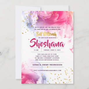 Bat Mitzvah Watercolor Glitzer Pink & Gold Einladung