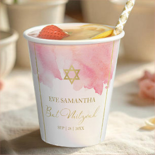 Bat Mitzvah Watercolor Paper Cups Abstrakt rosa Pappbecher