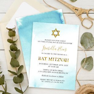 Bat Mitzvah Watercolor Pastel Blue Gold Einladung
