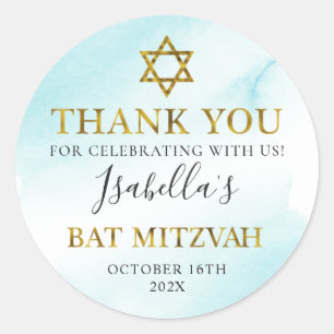 Bat Mitzvah Watercolor Pastel Blue Gold Vielen Dan Runder Aufkleber