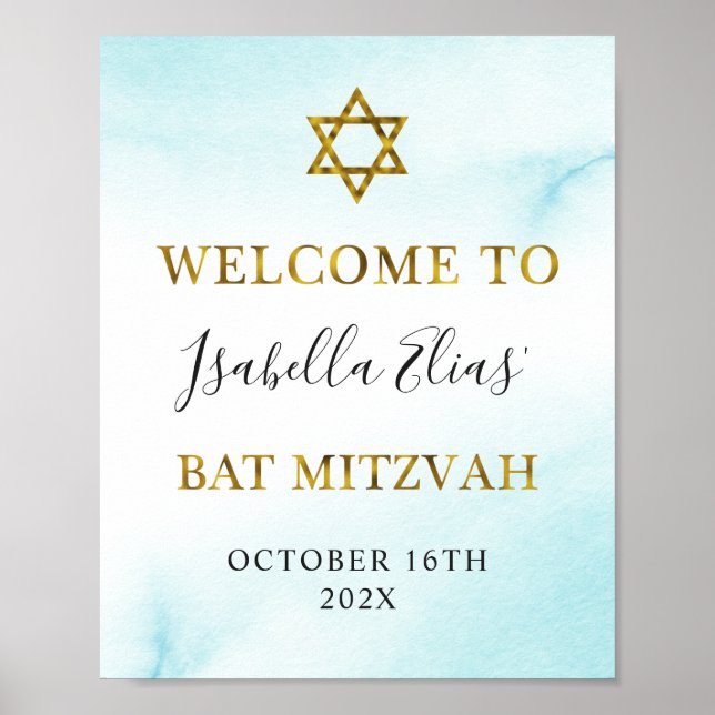 Bat Mitzvah Watercolor Pastell Blue Gold Willkomme Poster (Vorne)