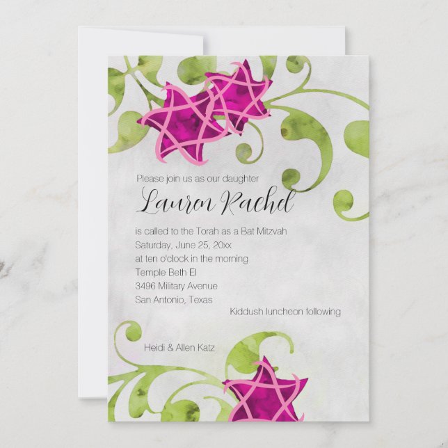 Bat Mitzvah Watercolor Star Floral Design Pink Einladung (Vorderseite)