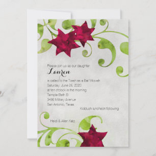 Bat Mitzvah Watercolor Star Floral Design Red Einladung