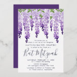 Bat Mitzvah Watercolor Wisteria Corporate Logo Folieneinladung<br><div class="desc">Bat Mitzvah Watercolor Wisteria Corporate Logo Silver Foil Einladung bietet elegante Aquarellweiche Blume in weicher Lavendel und lila mit grünen Blätter auf weißem Hintergrund mit Ihren Bat Mitzvah Einladung Informationen unten in Silberfolie Typografie. Personalisieren Sie den Text durch Bearbeiten in den bereitgestellten Textfeldern. Fügen Sie Ihr Corporate Logo auf der...</div>