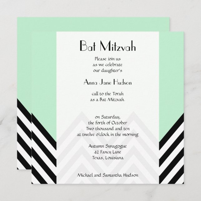 Bat Mitzvah - Zigzag, Zickzack - Mint Green, Black Einladung (Vorne/Hinten)