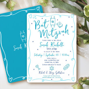 Bat Mitzwa Blaue Lustige Handgezeichnete Doodle He Einladung