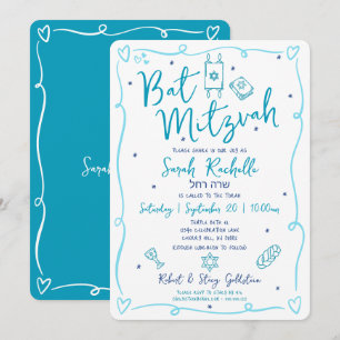 Bat Mitzwa Blaue Lustige Handgezeichnete Doodle He Einladung