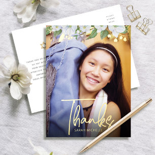 Bat Mitzwa Danke Foto Floral Bold Echtgold Folie Einladungspostkarte