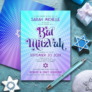 Bat Mitzwa fett Retro Boho Blau Lila Farbverlauf Einladung