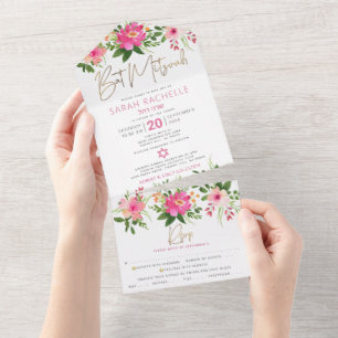 Bat Mitzwa Gold Schrift Rosa Floral Aquarell Party All In One Einladung
