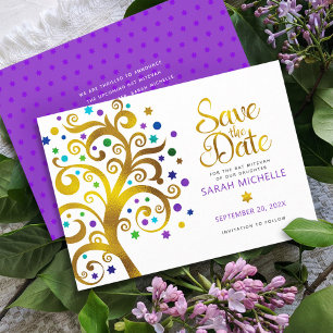 Bat Mitzwa lila mit goldenem Schriftzug Baum des L Save The Date