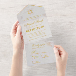 Bat Mitzwa Marmor Faux Gold Stern Elegante Schrift All In One Einladung