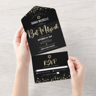Bat Mitzwa Moderne schwarze goldene Glitzerschrift All In One Einladung