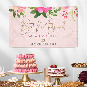 Bat Mitzwa Rosa Blumige Wasserfarbe Goldschrift Banner