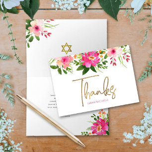 Bat Mitzwa Rosa Florale Aquarello Scrittura Oro Dankeskarte