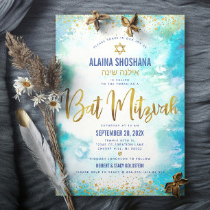Bat Mitzwa türkis Wasserfarbe Goldfolie Schrift Einladung