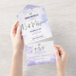 Bat Mizwa Lila Aquarell Silber Schrift Modern All In One Einladung